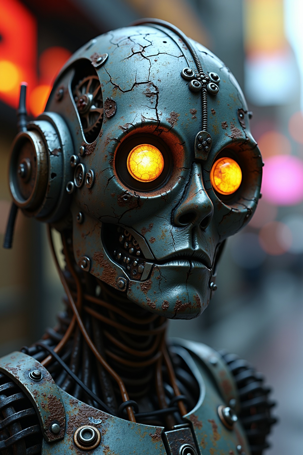Darkfantasy style close up raw photo of an old and rotting cyberpunk cyborg ((tin man from the wizard of oz)),  rusting an...
