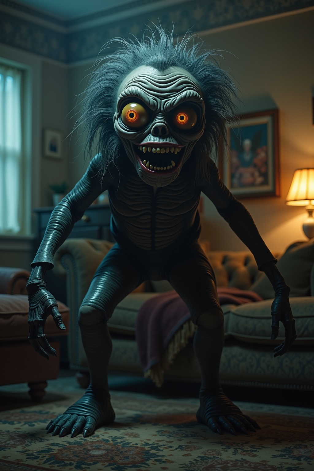 multi-eyed-catching a terrifying soaked in darkness fat and hairy multi-eyed object scared and cornered in a cozy living r...