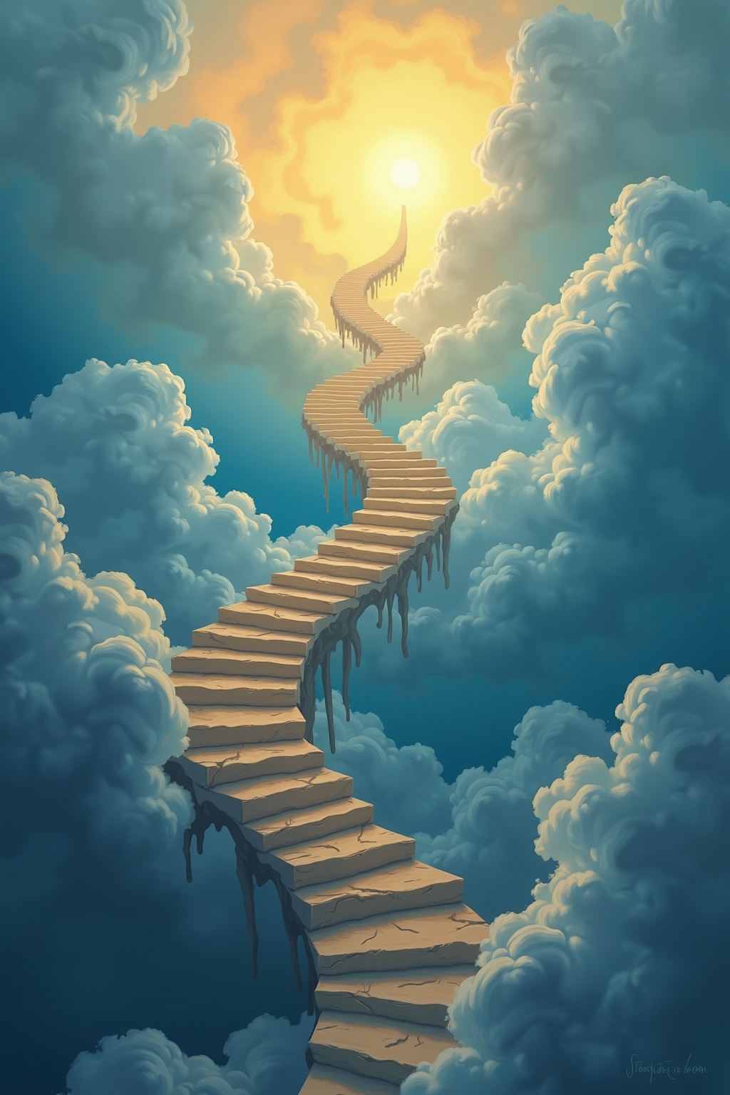 A surreal,  twisting stairway to heaven,  spiraling upward into a sky filled with swirling on Tensor.Art