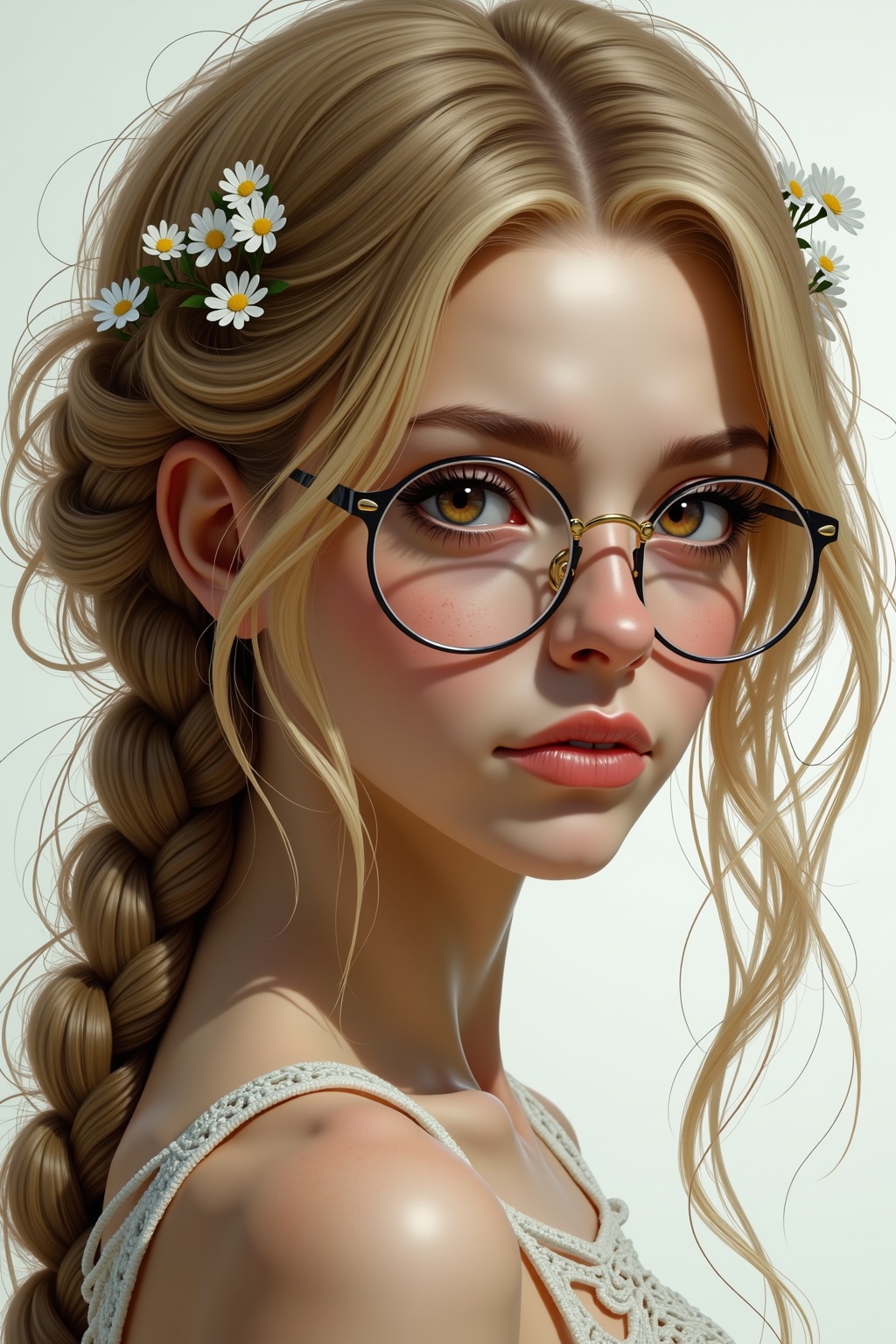 The image is a highly detailed,  realistic digital painting of a fantasy character. The subject is a young woman with an e...