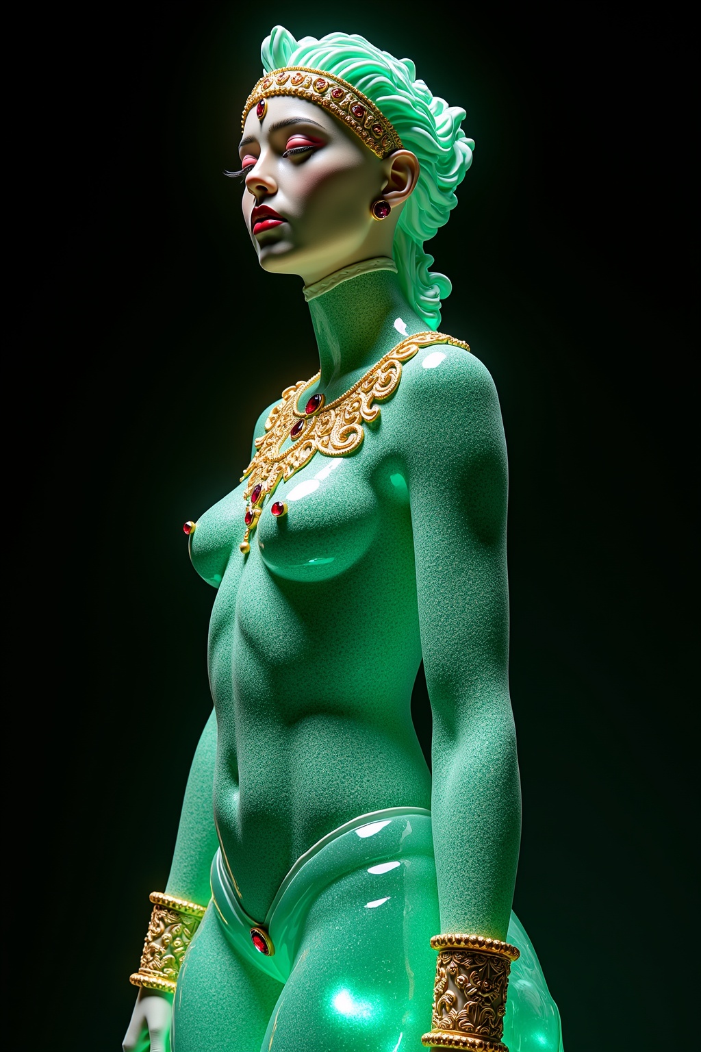 A life-sized statue of a woman,  elegantly crafted from emerald,  aquamarine on Tensor.Art