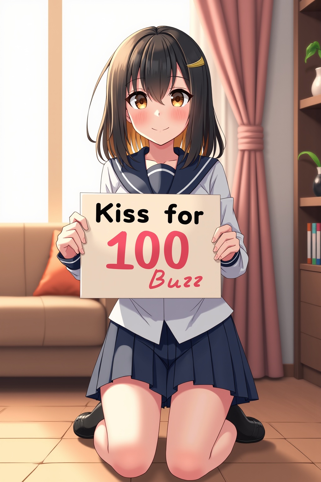 in the style of m-da_s-tarou,  A beautiful woman kneeling on the ground of a living room. She has long black hair styled i...