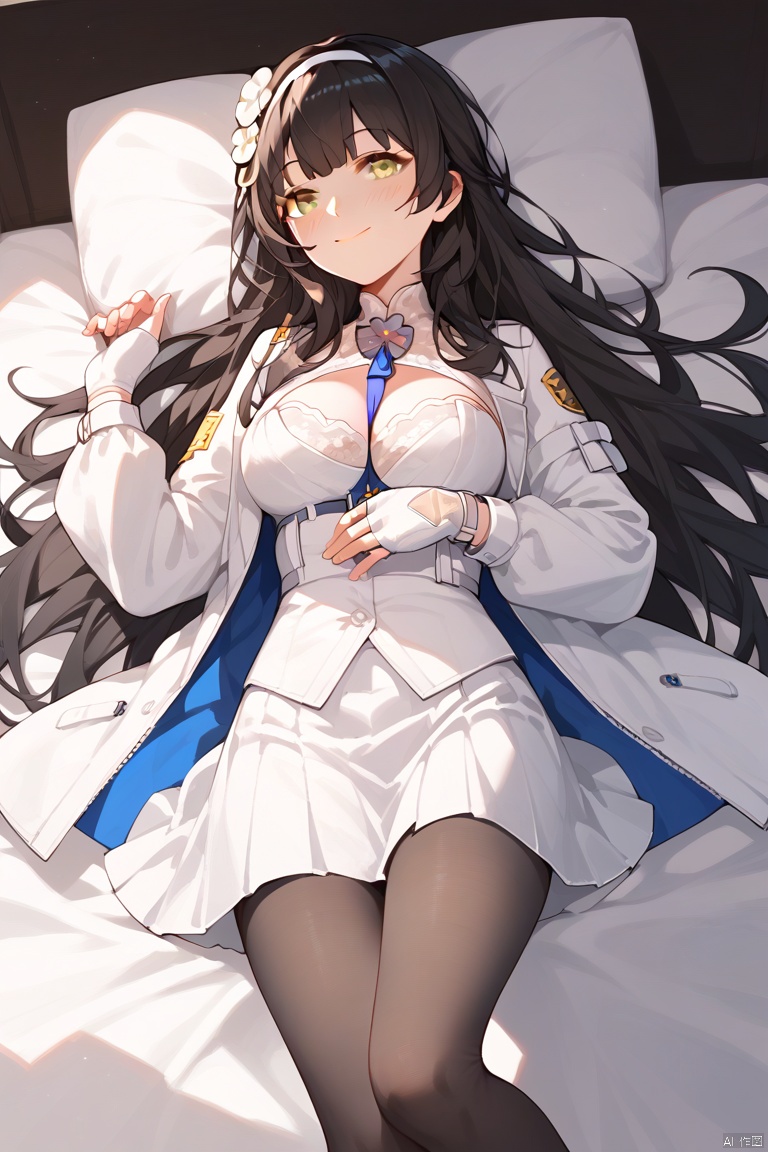 score_9,score_8_up,score_7_up,score_6_up,score_5_up,score_4_up,anime,high res image,masterpiece,best quality,source_anime,type 95 \(girls' frontline\),dgtype95,1girl,solo,long hair,bangs,skirt,shirt,black hair,hair ornament,gloves,cleavage,brown eyes,closed mouth,yellow eyes,white shirt,flower,pantyhose,hairband,white gloves,hair flower,fingerless gloves,black pantyhose,white skirt,between breasts,white hairband,,medium breasts,on back,from above,on bed,light smile,blush,