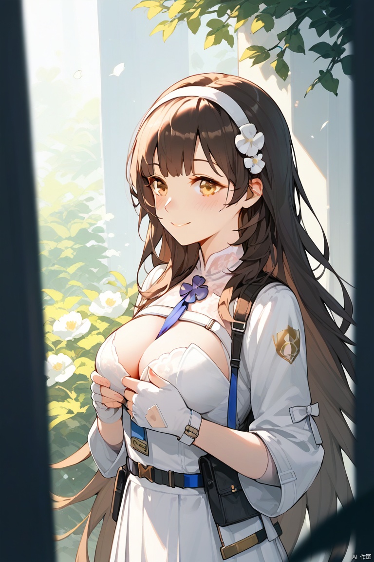 score_9,score_8_up,score_7_up,score_6_up,score_5_up,score_4_up,anime,high res image,masterpiece,best quality,source_anime,type 95 \(girls' frontline\),dgtype95,1girl,long hair,bangs,skirt,shirt,black hair,hair ornament,gloves,cleavage,brown eyes,yellow eyes,white shirt,flower,pantyhose,hairband,white gloves,hair flower,fingerless gloves,black pantyhose,white skirt,between breasts,white hairband,medium breasts,light smile,blush,