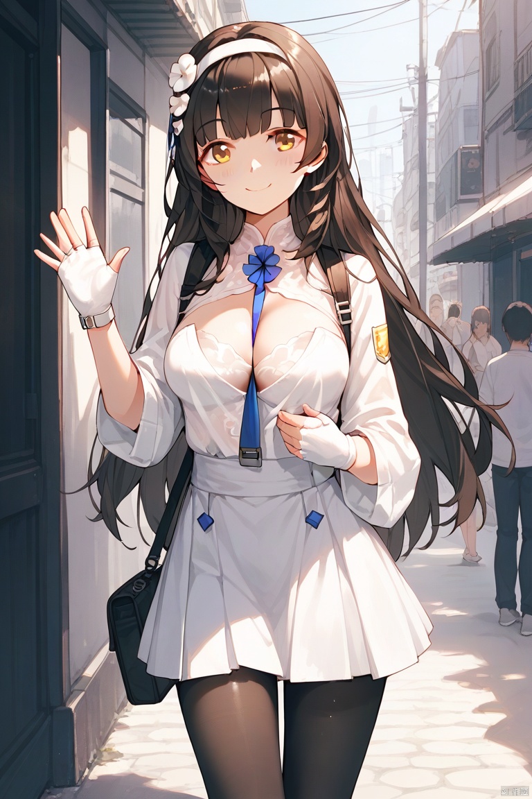 score_9,score_8_up,score_7_up,score_6_up,score_5_up,score_4_up,anime,high res image,masterpiece,best quality,source_anime,type 95 \(girls' frontline\),dgtype95,1girl,long hair,bangs,skirt,shirt,black hair,hair ornament,gloves,cleavage,brown eyes,yellow eyes,white shirt,flower,pantyhose,hairband,white gloves,hair flower,fingerless gloves,black pantyhose,white skirt,between breasts,white hairband,medium breasts,light smile,blush,standing,outdoor,waving,street