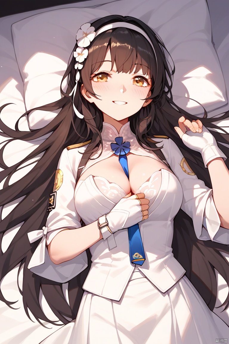 score_9,score_8_up,score_7_up,score_6_up,score_5_up,score_4_up,anime,high res image,masterpiece,best quality,source_anime,type 95 \(girls' frontline\),dgtype95,1girl,long hair,bangs,skirt,shirt,black hair,hair ornament,gloves,cleavage,brown eyes,yellow eyes,white shirt,flower,pantyhose,hairband,white gloves,hair flower,fingerless gloves,black pantyhose,white skirt,between breasts,white hairband,medium breasts,on back,from above,on bed,light smile,blush,