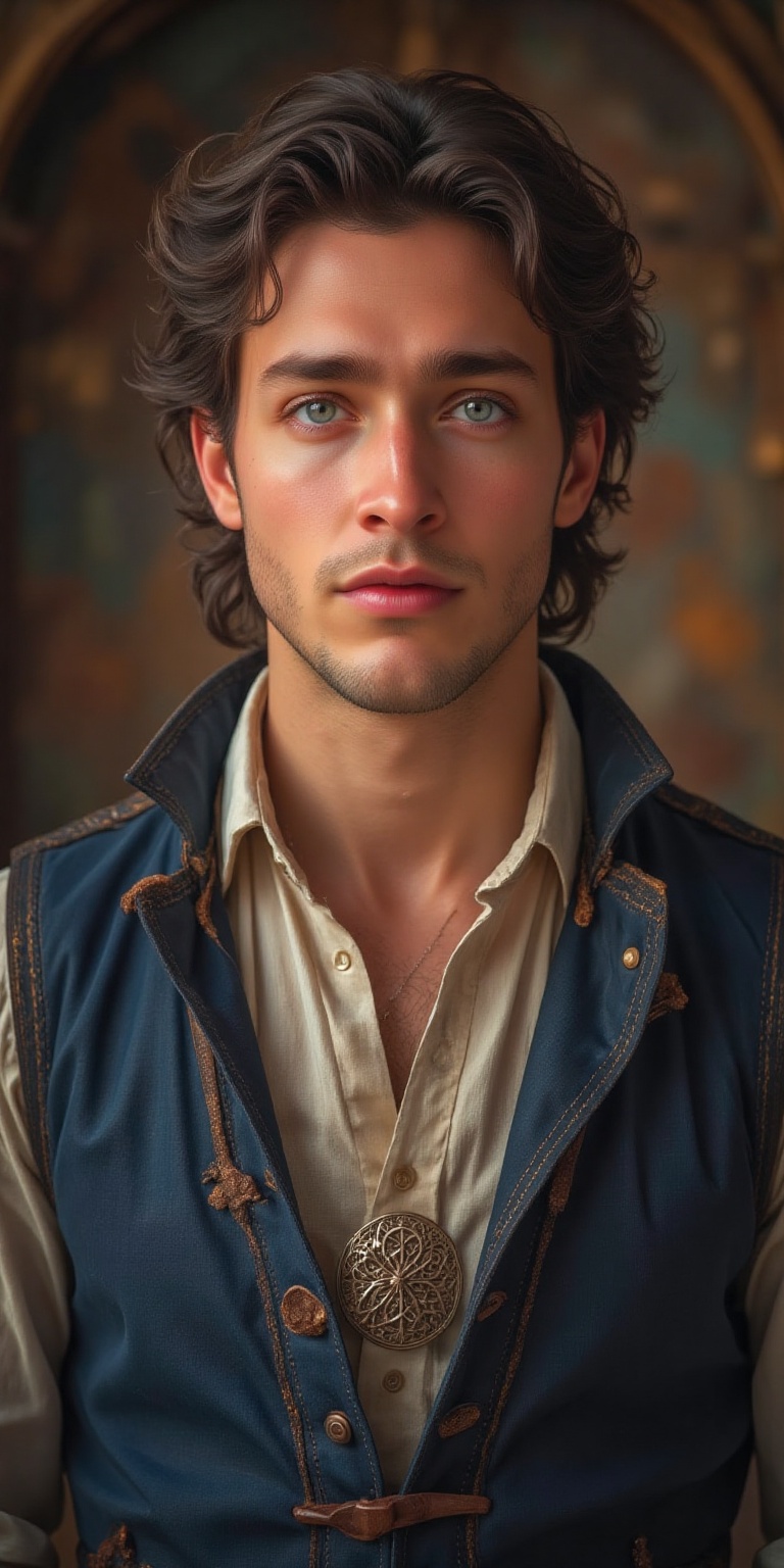 A highly detailed,  Renaissance-inspired portrait of a young man with striking features and a noble aura. The subject has...