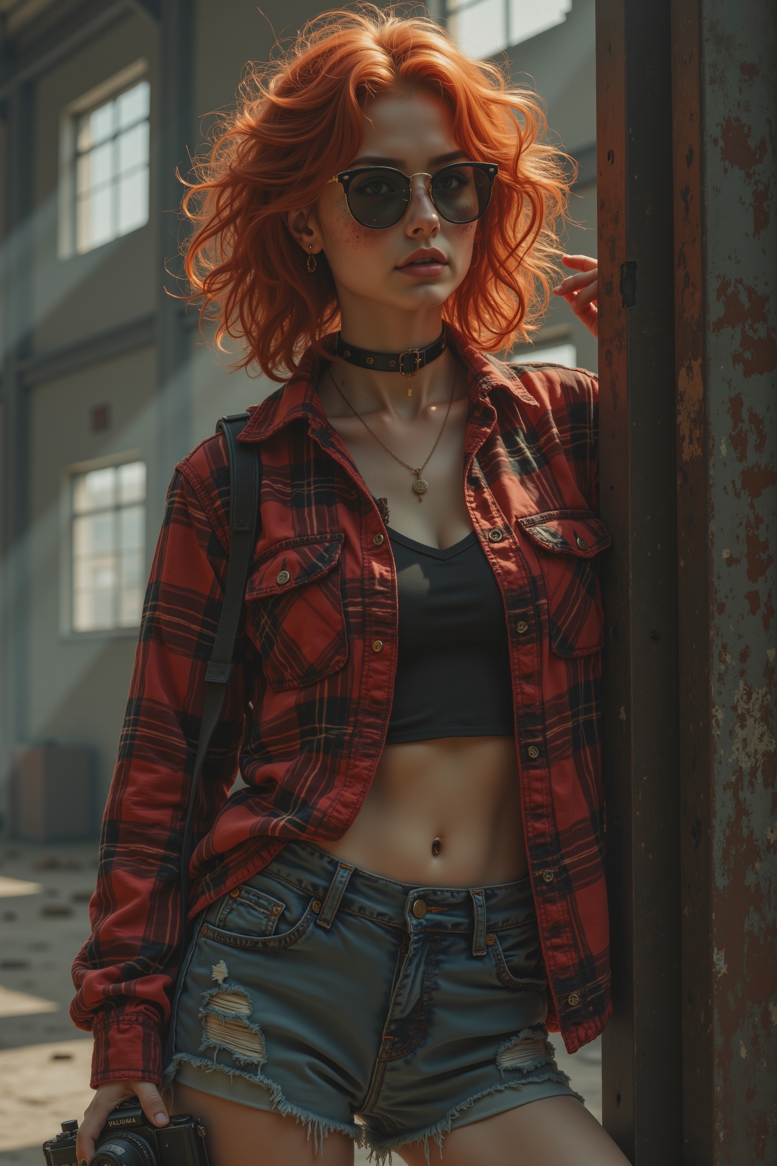 "A striking image of a cool girl with curly,  auburn hair and freckles that frame her face. She’s dressed in a bold,  over...