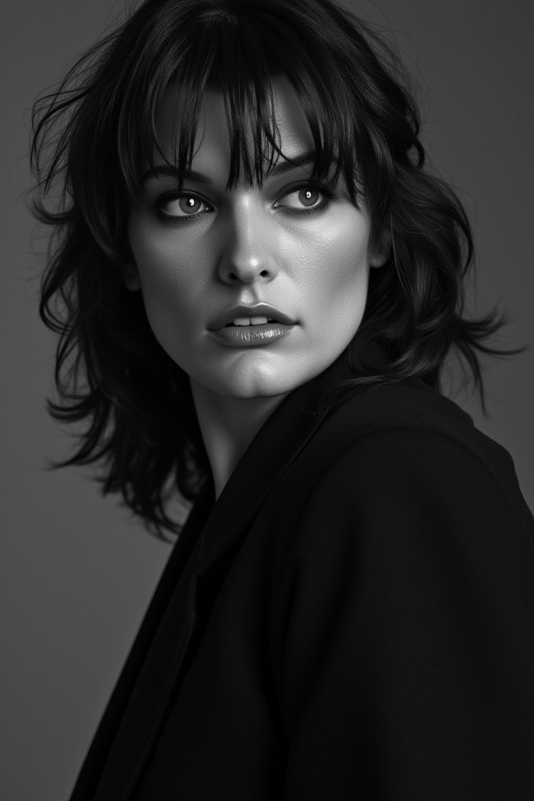 A dramatic portrait of wom1ll4j0v in black and white,  She is wearing a black suit. with ultra detailed skin,  8k on Tenso...
