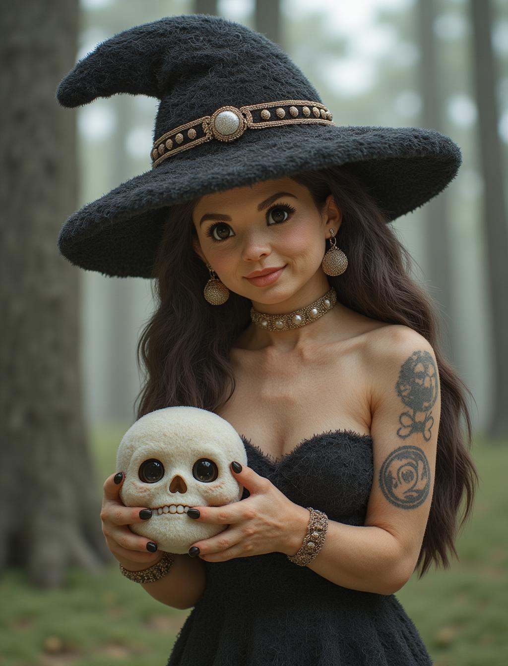 A graphic illustration that is a portrait of an angry witch in the forest. She has a witch hat,long hair,jewelry,and tattoos on her arms and hands. She is holding a skull,her dainty fingers grasp the skull carefully,showing her black nails.,