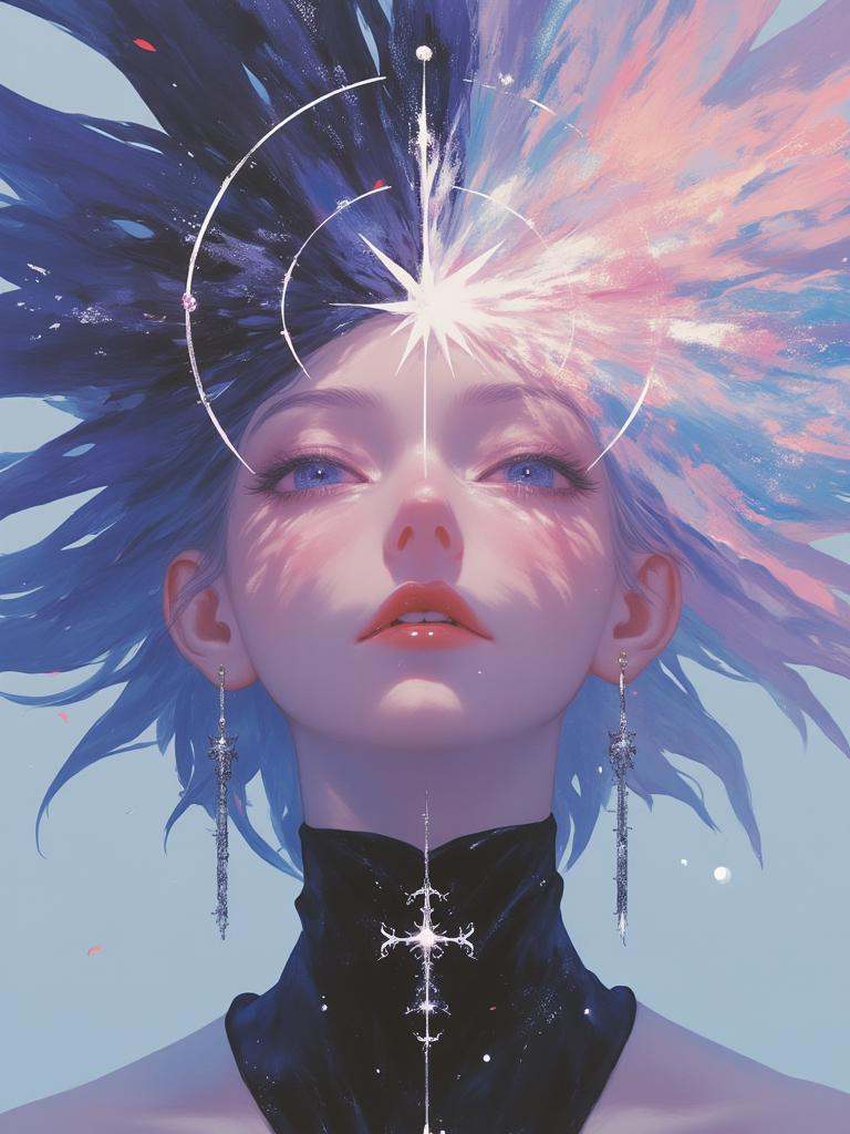 Ethereal portrait of an otherworldly femme fatale, swirling aura of dark mysticism, black marble eyes void of pupils, razor-sharp fangs, mind shattering with explosive tendrils of psychedelic energy.