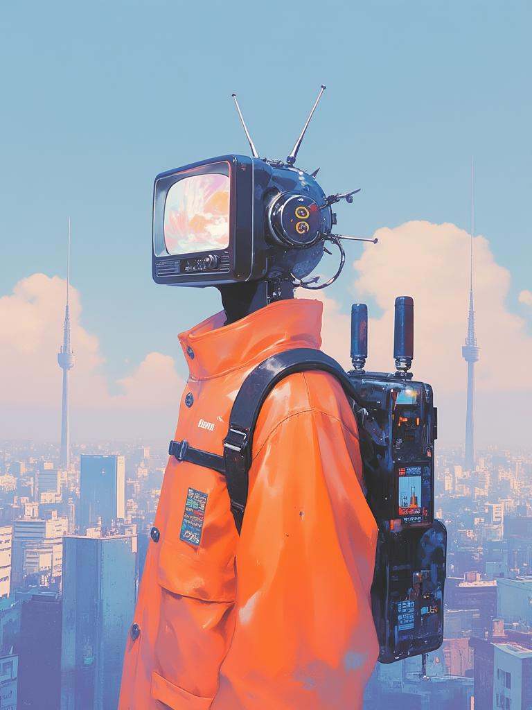 (((futuristic vibe))) (front side view) A man with a ((small, intricately detailed retro futuristic TV, (with two slender, curved antennas on the sides))) as his head, wearing a vibrant, neon orange jacket with metallic accents and a sleek black backpack adorned with retro-futuristic gadgets, stands against a backdrop of a cityscape with old, worn buildings featuring numerous antennas, set against a sky with puffy, white clouds, blending retro nostalgia with futuristic flair.
