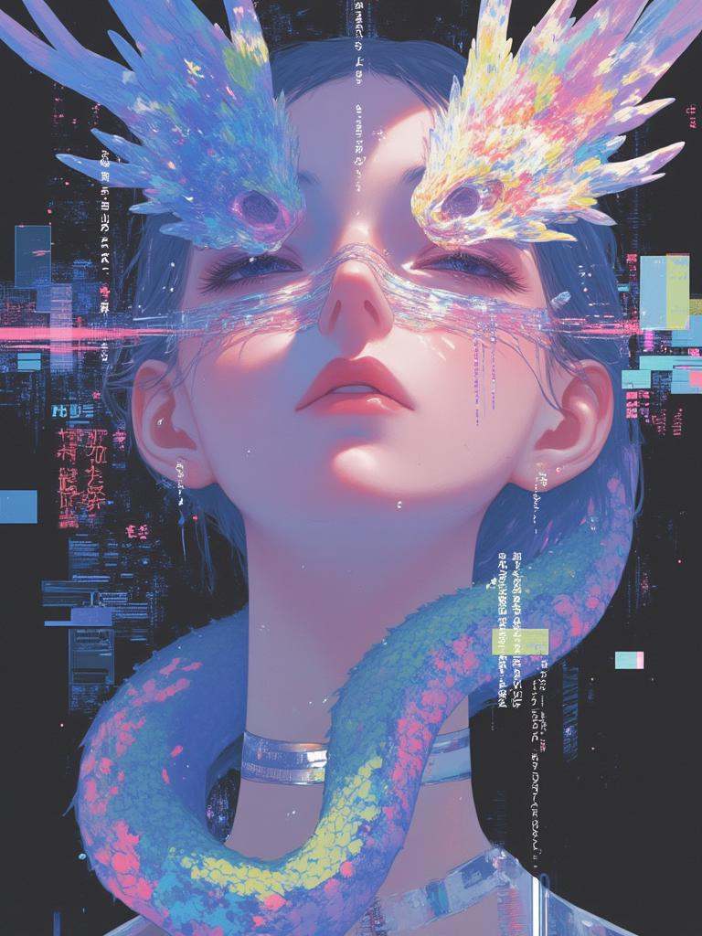 A surreal and intriguing prompt, Here's a refined version:"Distorted, glitch-art face, surrounded by woke media static, amidst an Asian dragon's coils, with a vibrant blue and green snake entwined, glowing neon hues, cyberpunk atmosphere, high contrast, sharp details."