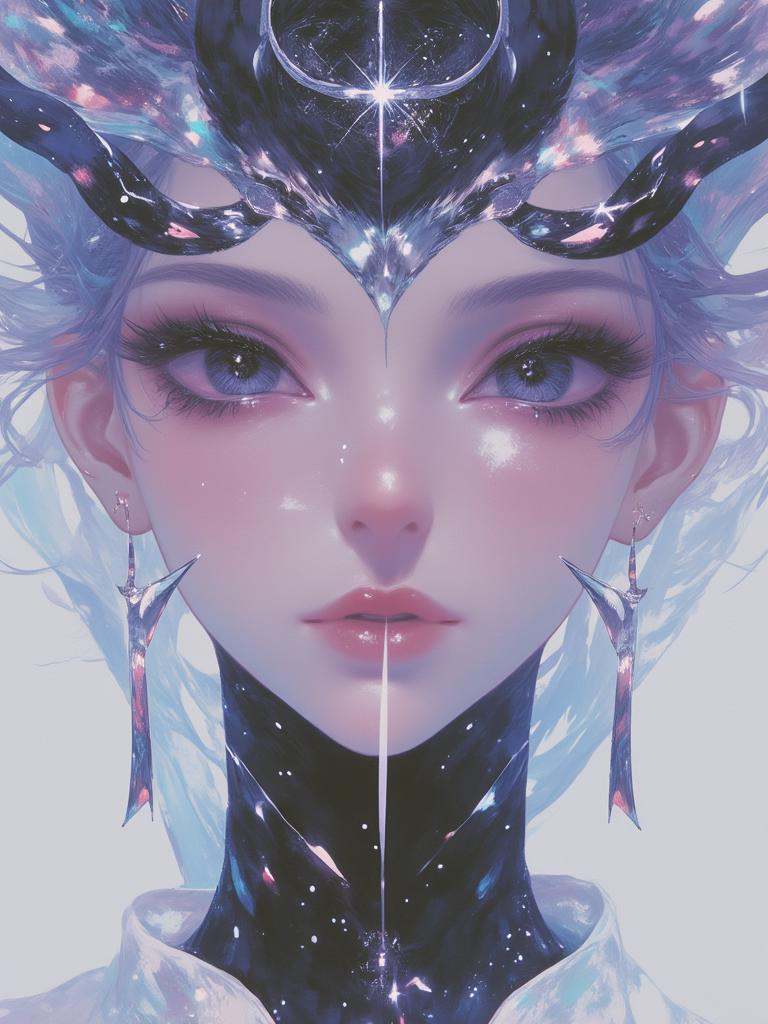 Ethereal portrait of an otherworldly femme fatale, swirling aura of dark mysticism, black marble eyes void of pupils, razor-sharp fangs, mind shattering with explosive tendrils of psychedelic energy.