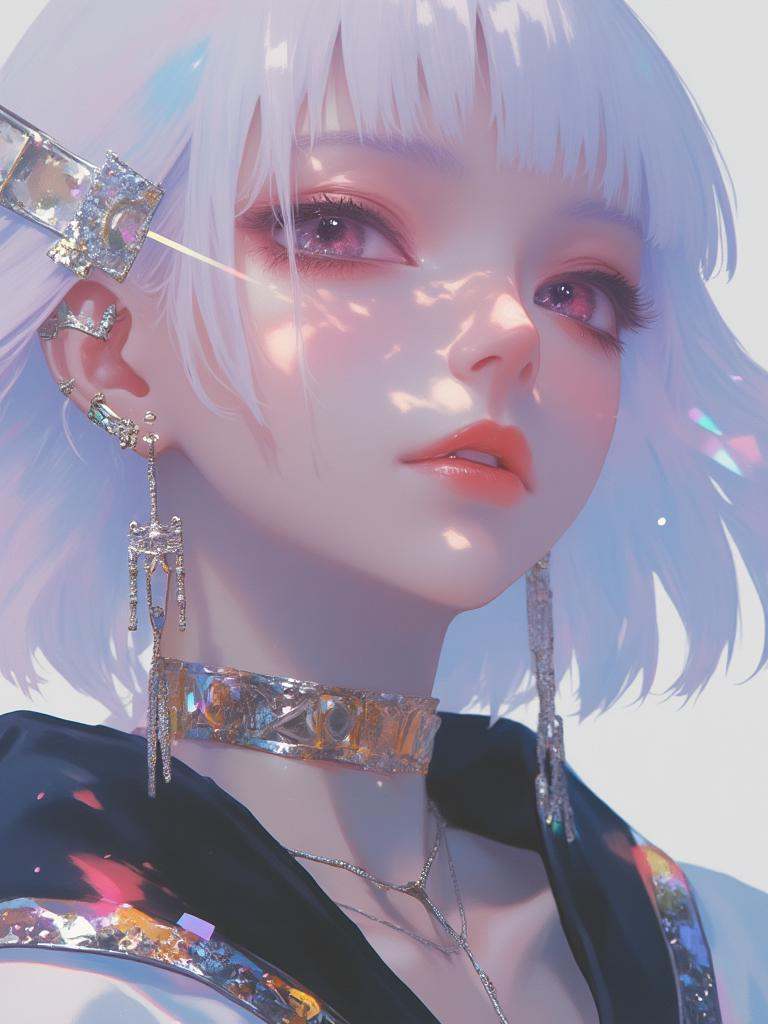 Ethereal Japanese goth vampire, flowing white hair with dark undertones, choppy bangs, ornate earrings, layered necklaces, dramatic Egyptian-inspired eyeliner, bold red lips, sharp fangs, piercing gaze, sensual, erotic, silhouetted in soft, lunar illumination, vibrant red eyes with subtle shine, delicate skin, mysterious atmosphere.