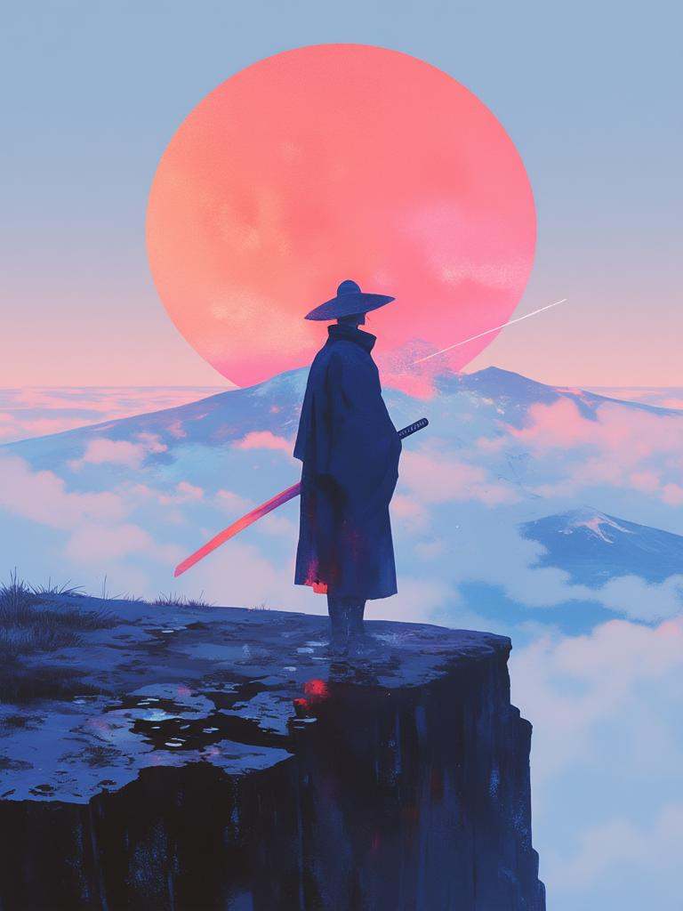 a samurai standing on a rocky cliff,back turned to viewer,in dramatic,high-contrast lighting. Traditional clothing,holding glowing red katana in one hand,clouds swirling around. Huge, vibrant red moon disk dominates background,casting an ominous glow on dark mountain silhouette in distance,epic atmosphere.