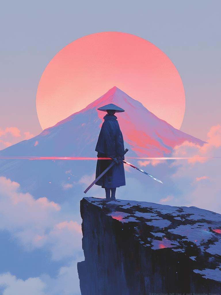 a samurai standing on a rocky cliff,back turned to viewer,in dramatic,high-contrast lighting. Traditional clothing,holding glowing red katana in one hand,clouds swirling around. Huge, vibrant red moon disk dominates background,casting an ominous glow on dark mountain silhouette in distance,epic atmosphere.