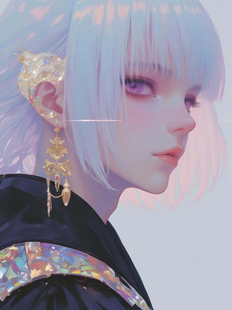 Ethereal Japanese goth vampire, flowing white hair with dark undertones, choppy bangs, ornate earrings, layered necklaces, dramatic Egyptian-inspired eyeliner, bold red lips, sharp fangs, piercing gaze, sensual, erotic, silhouetted in soft, lunar illumination, vibrant red eyes with subtle shine, delicate skin, mysterious atmosphere.