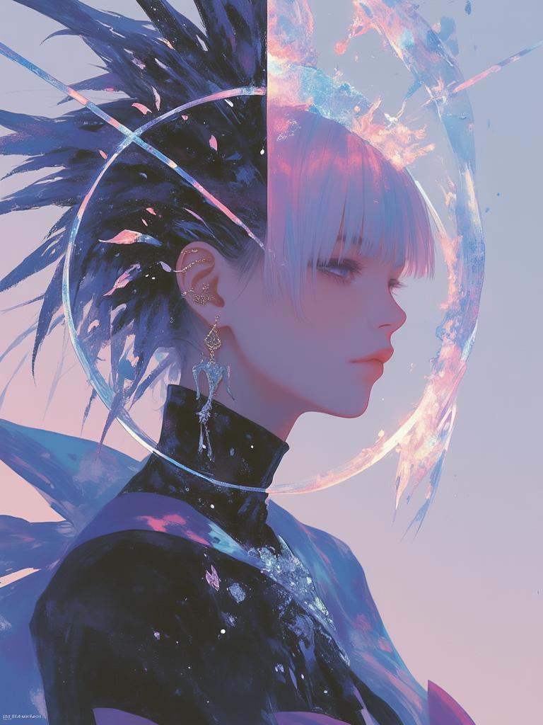 Ethereal portrait of an otherworldly femme fatale, swirling aura of dark mysticism, black marble eyes void of pupils, razor-sharp fangs, mind shattering with explosive tendrils of psychedelic energy.
