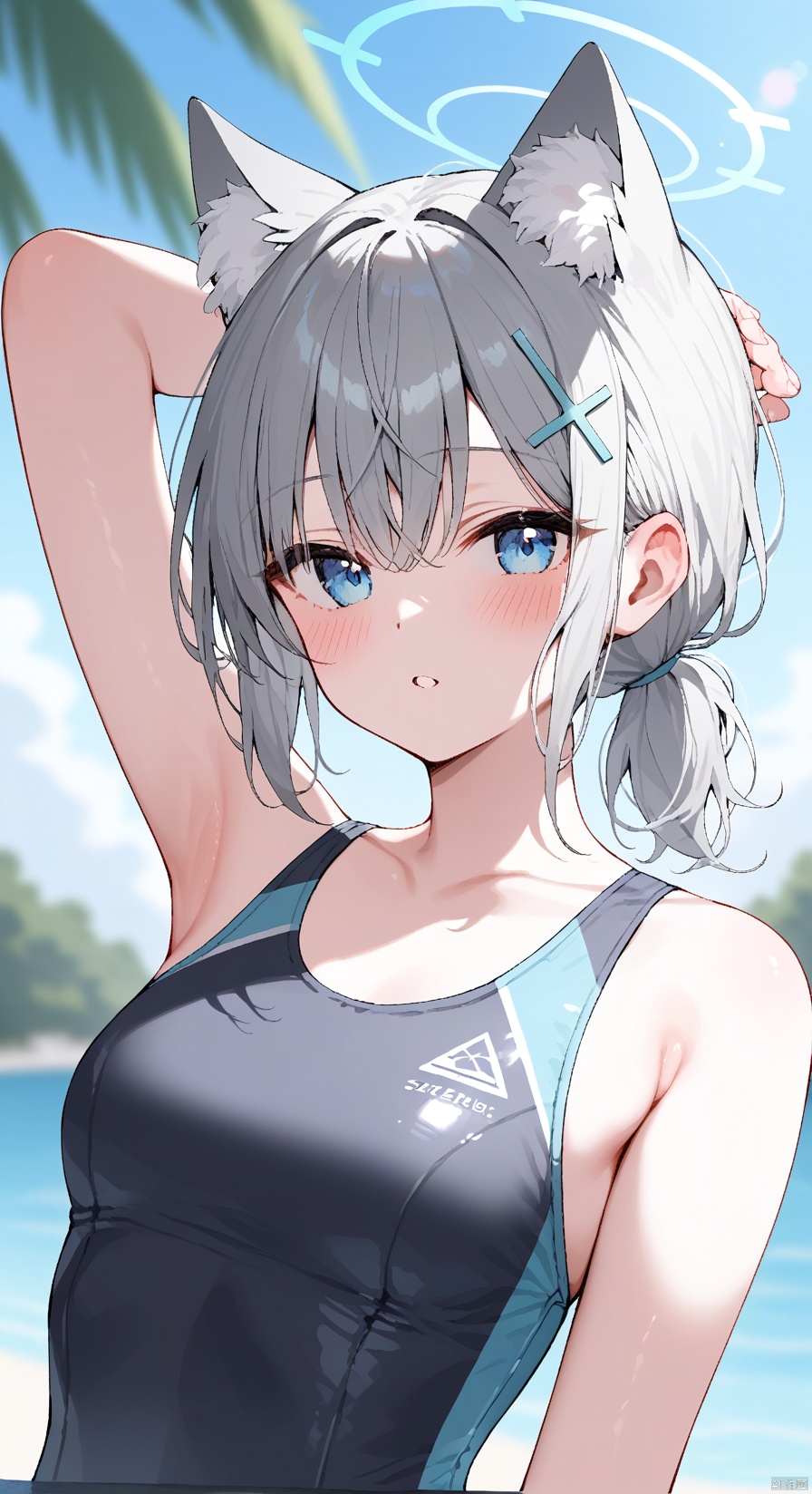 (score_9,score_8_up,score_7_up), 1girl,solo,(masterpiece:1.3),( beautiful:1.2),(high quality:1.2),(finely detailed:1.2),extremely detailed CG unity 8k wallpaper,best quality,a very delicate and beautiful,perfect fingers,1girl, solo, breasts, looking at viewer, blush, bangs, blue eyes, hair ornament, animal ears,  hair between eyes, bare shoulders, small breasts, collarbone, swimsuit, upper body, ponytail, grey hair, outdoors, parted lips, hand up, medium hair, armpits, blurry, arm up, tree, animal ear fluff, one-piece swimsuit, bare arms, blurry background, halo, extra ears, low ponytail, competition swimsuit, palm tree, black one-piece swimsuit, cross hair ornament, multicolored swimsuit, mismatched pupils, shiroko \(blue archive\), shiroko \(swimsuit\) \(blue archive\)
