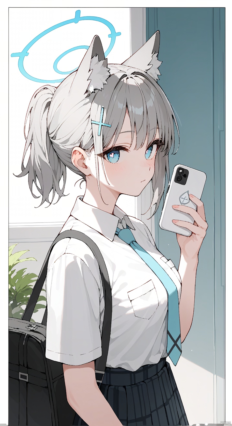 (score_9,score_8_up,score_7_up), 1girl,solo,(masterpiece:1.3),( beautiful:1.2),(high quality:1.2),(finely detailed:1.2),extremely detailed CG unity 8k wallpaper,best quality,a very delicate and beautiful,perfect fingers,1girl, solo, looking at viewer, bangs, blue eyes, skirt, shirt, hair ornament, holding, animal ears, closed mouth, school uniform, white shirt, ponytail, short sleeves, grey hair, sidelocks, pleated skirt, necktie, collared shirt, black skirt, medium hair, bag, from side, animal ear fluff, plaid, halo, plaid skirt, phone, border, wolf ears, cellphone, bright pupils, smartphone, extra ears, white border, holding phone, school bag, pocket, blue necktie, shoulder bag, shirt tucked in, breast pocket, cross hair ornament, black bag, mismatched pupils, shiroko \(blue archive\)