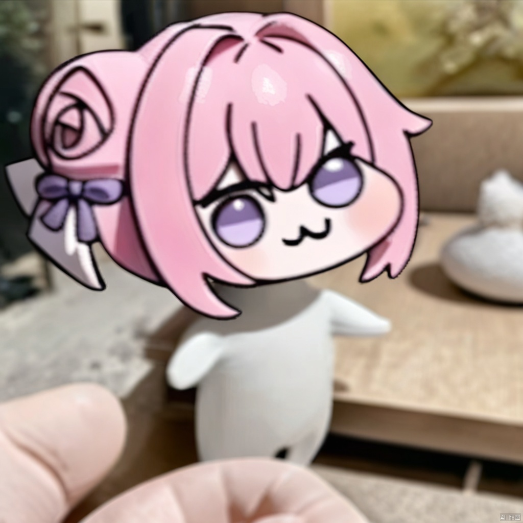 masterpiece,best quality,very aesthetic,absurdres,  impasto, oil painting, doro
1girl, solo, looking at viewer, bangs, purple eyes, pink hair, multicolored hair, chibi, :3, parody, meme, photo background