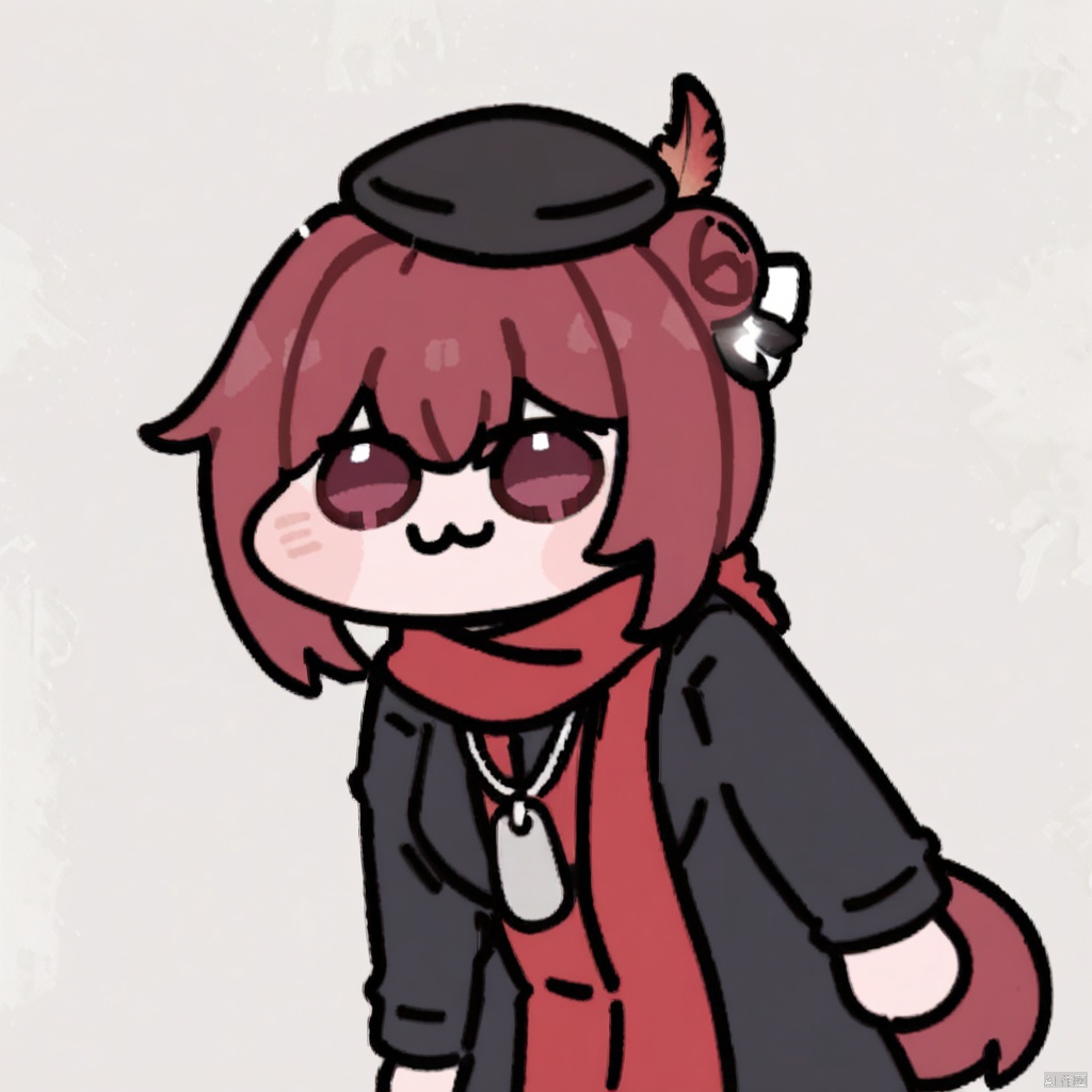 masterpiece,best quality,very aesthetic,absurdres,  impasto, oil painting, doro
1girl, solo,  chibi, :3, ,red hair, black hat, hat feather, red scarf, black jacket, dog_tags, red eyes,