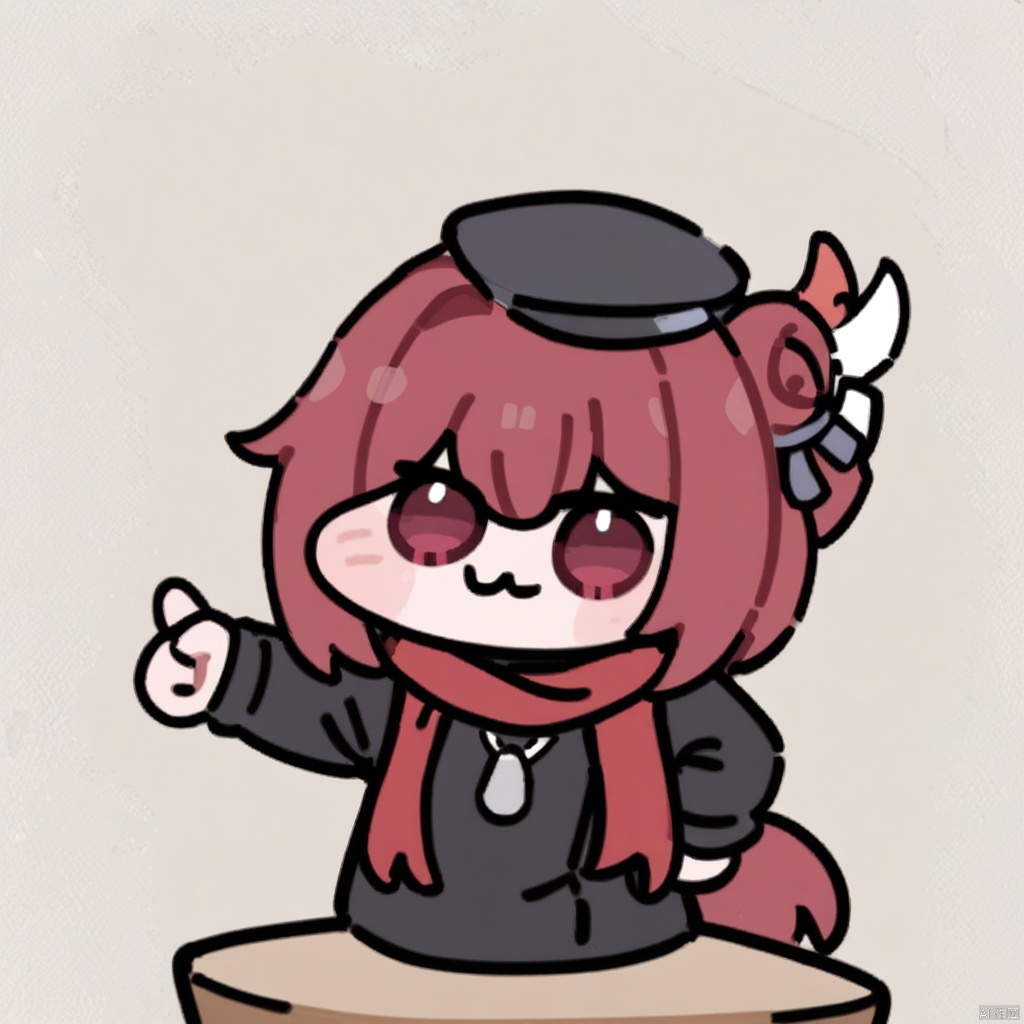 masterpiece,best quality,very aesthetic,absurdres,  impasto, oil painting, doro
1girl, solo,  chibi, :3, ,red hair, black hat, hat feather, red scarf, black jacket, dog_tags, red eyes,