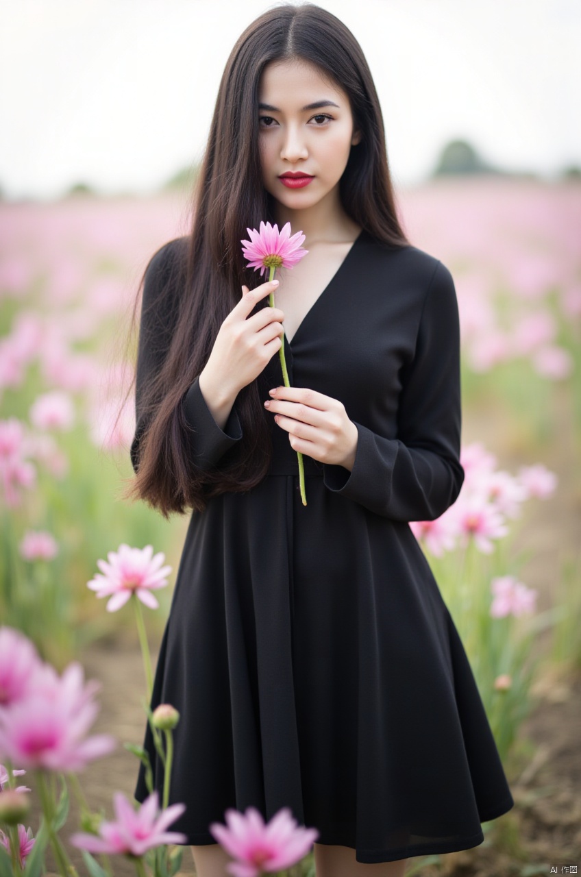 mgmj,1girl,flower,dress,solo,black hair,black dress,long hair,outdoors,pink flower,blurry,looking at viewer,field,red lips,standing,holding,long sleeves,flower field,AIDMAHYPERREALISM