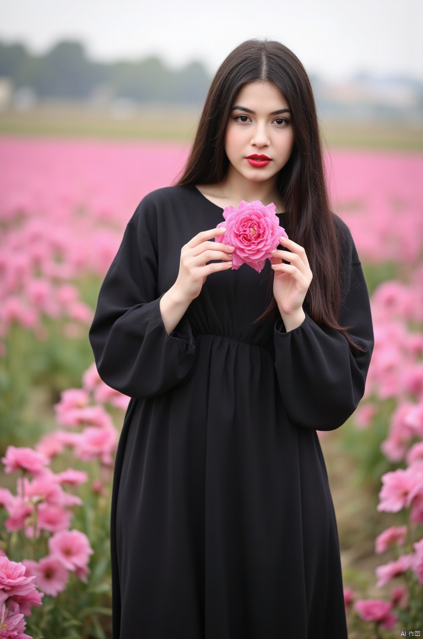 mgmj,1girl,flower,dress,solo,black hair,black dress,long hair,outdoors,pink flower,blurry,looking at viewer,field,red lips,standing,holding,long sleeves,flower field,AIDMAHYPERREALISM