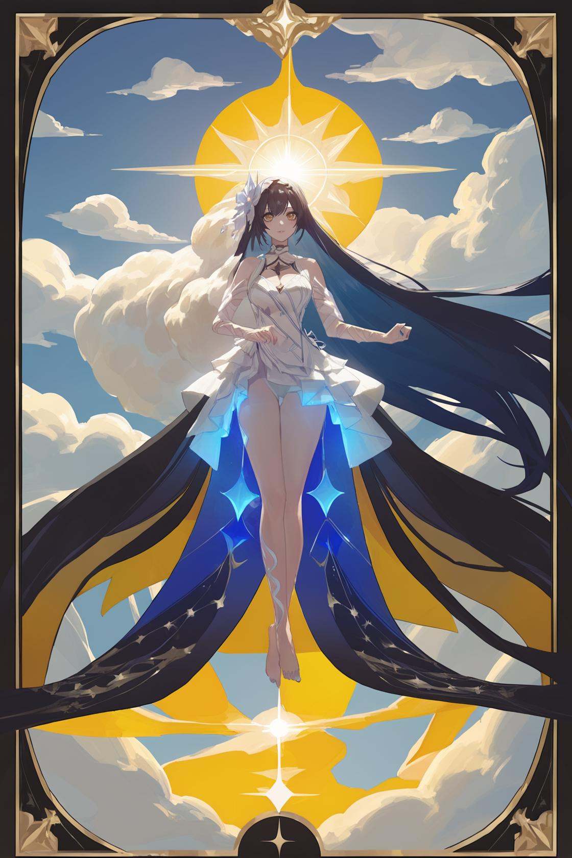 (by nanoless, by misumi \(macaroni\):0.25), original, normal_quality, (by xilmo, by modare, by reoen:1.1), (hyperrealistic:1.1), (high_contrast:1.1), (holy_(\theme\):1.2), (card_\(theme\):1.1), solo, long hair, fur trim, large breasts, (golden-color-scheme:1.1), character card, abstract sun, floating cloud pattern, thick line, <lora:xierssyy-atw-Tanger:0.7>, xier, shengsi, first clothes, white dress, hair ornament, hair flower, 1girl, long hair, barefoot, very long hair, black hair, multicolored hair, breasts, floating, dynamic pose, <lora:neg101-000008:0.5>, murals, holy light, mural sun, simple white background, angels come, card border, frame pattern, 