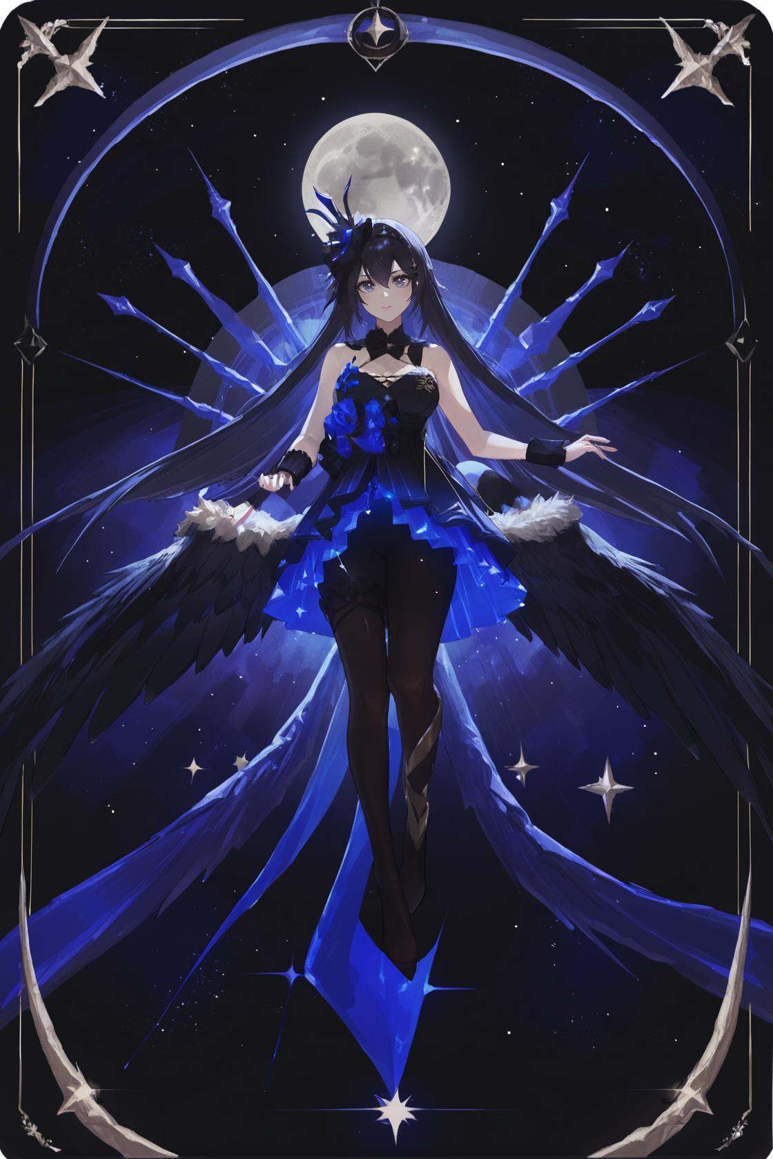 (by nanoless, by misumi \(macaroni\):0.25), original, normal_quality, (by xilmo, by modare, by reoen:1.1), (hyperrealistic:1.1), (high_contrast:1.1), (holy_(\theme\):1.2), (card_\(theme\):1.1), solo, long hair, fur trim, large breasts, (black-color-scheme:1.1), character card, abstract sun, moon and stars, thick line, <lora:xierssyy-atw-Tanger:0.7>, xier, yongye, second clothes, black sleeveless dress, black hair ornament, black low wings, 1girl, blue eyes, long hair, black hair, black pantyhose, bare shoulders, seele vollerei, bangs, floating, dynamic pose, <lora:neg101-000008:0.5>, murals, holy light, mural moon, simple black background, angels come, stars, card border, frame pattern, 