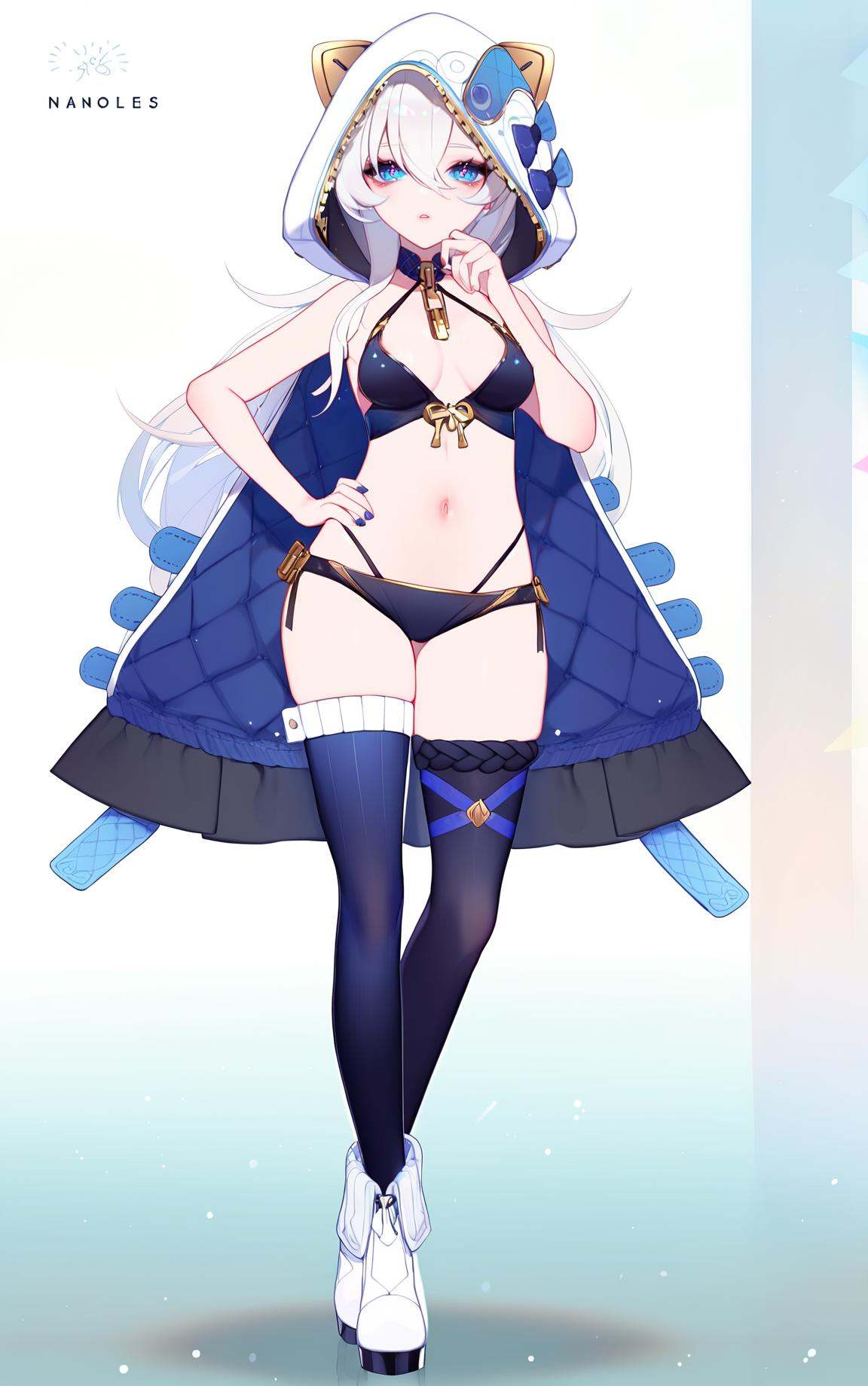 8k, best quality, masterpiece, (ultra-detailed), (high detailed skin), by nanoless, by misumi \(macaroni\), A full-body portrait of a young girl, standing gracefully, pastel art style, high-key lighting, shoujo manga influence, hd quality, delicate details, full body, full shot, standing, looking at viewer, (solo:1.2), simple background, white background, hand on own hip, <lora:dlstianming-a3-Tanger-000013:0.8>, hood, dlstianming, 1girl, thighhighs, blue eyes, white footwear, long hair, hood up, white hair, breasts, hair between eyes, bangs, open clothes, bikini, bare arms, navel, 