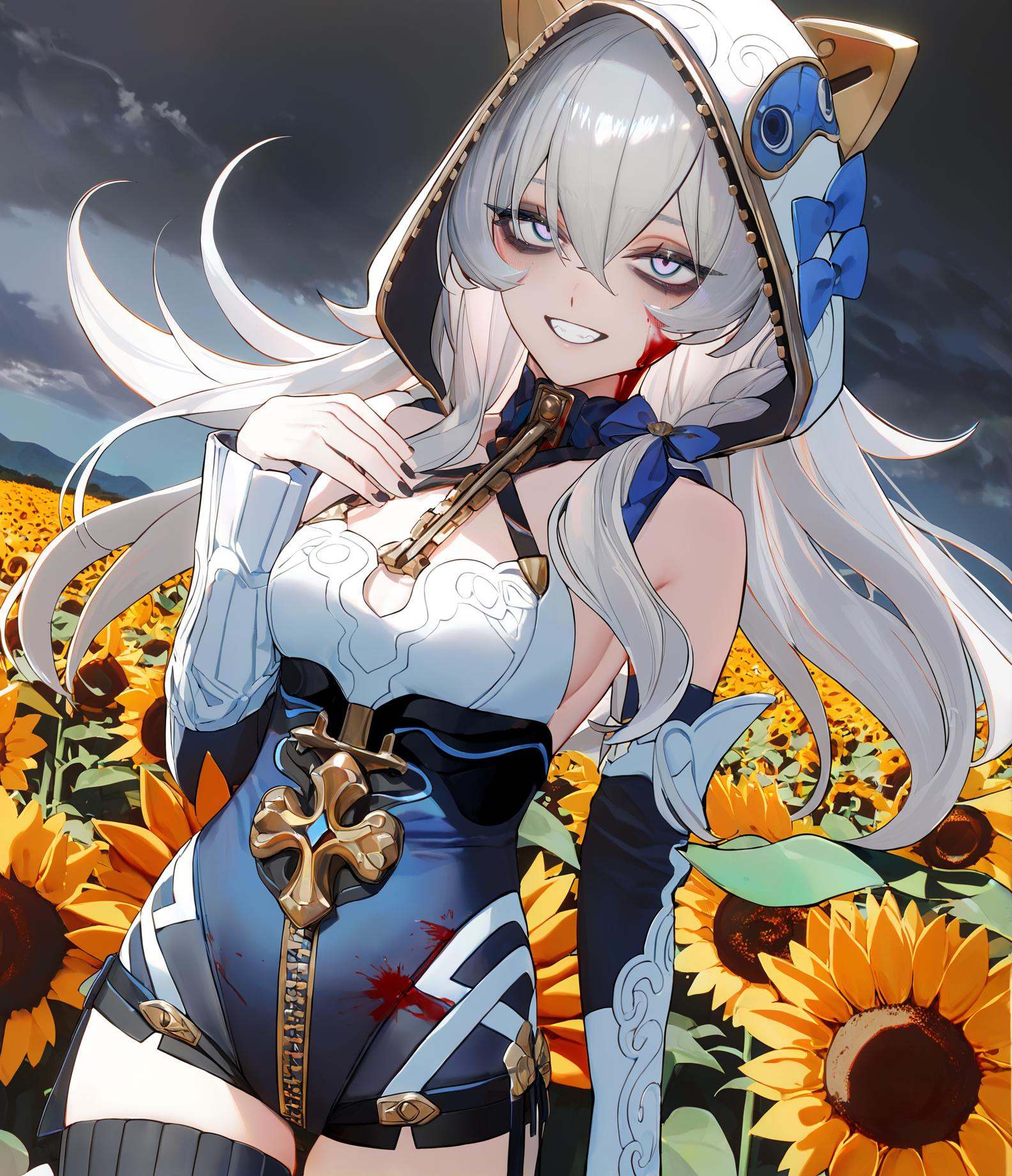 8k, best quality, masterpiece, (ultra-detailed), (high detailed skin), by au_\(d_elete\), safe, extra_sharp, (perspective composition.:1.2), (bold_lines are adding to the overall style:1.2) solo, (high brightness:1.3), backlighting, sunflower field, outdoors, kubrick stare, 1girl, contrapposto, blood on face, blood splatter, narrowed eyes, half-closed eyes, empty black eyes, bold eyelashes, long eyelashes, no pupils, nose, closed mouth, wide grin, crazy smile, blood on clothes, grey hair, long hair, cloudy sky, black sky, red clouds, amazing quality, masterpiece, highres, beautiful color, film grain, newest, <lora:dlstianming-a3-Tanger-000013:0.8>, hood, dlstianming, 1girl, thighhighs, blue eyes, long hair, hood up, white hair, breasts, hair between eyes, bangs, upper body, 