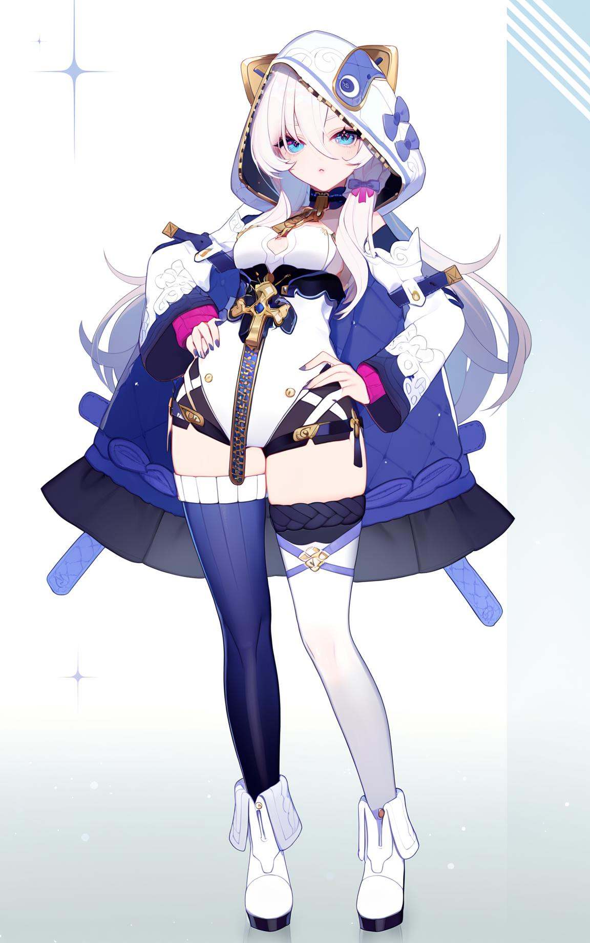 8k, best quality, masterpiece, (ultra-detailed), (high detailed skin), by nanoless, by misumi \(macaroni\), A full-body portrait of a young girl, standing gracefully, pastel art style, high-key lighting, shoujo manga influence, hd quality, delicate details, full body, full shot, standing, looking at viewer, (solo:1.2), simple background, white background, hand on own hip, <lora:dlstianming-a3-Tanger-000013:0.8>, hood, dlstianming, dlstianming default clothes, 1girl, thighhighs, blue eyes, white footwear, long hair, hood up, white hair, long sleeves, breasts, hair between eyes, bangs, 