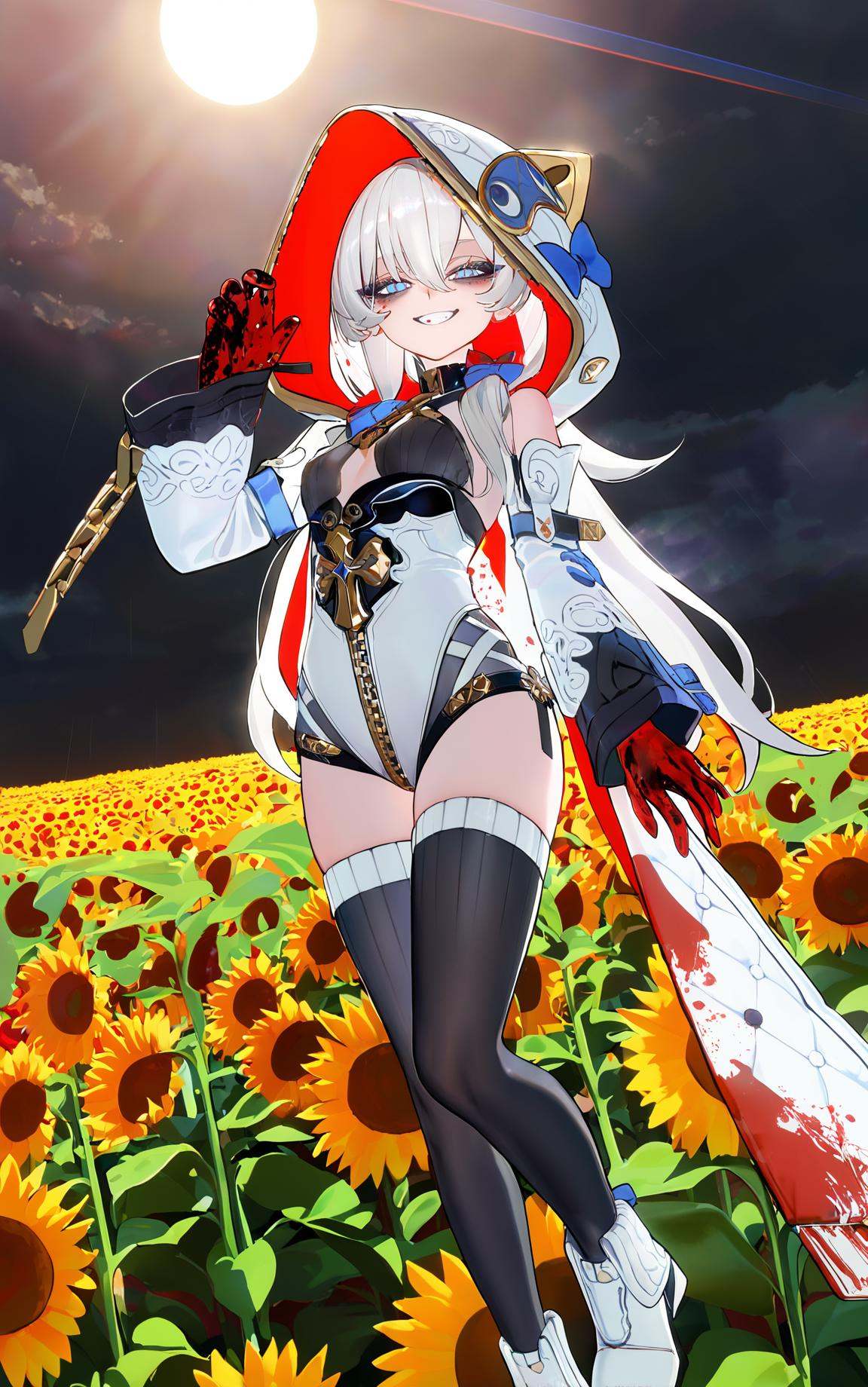 8k, best quality, masterpiece, (ultra-detailed), (high detailed skin), by au_\(d_elete\), safe, extra_sharp, (perspective composition.:1.2), (bold_lines are adding to the overall style:1.2) solo, (high brightness:1.3), backlighting, sunflower field, outdoors, kubrick stare, 1girl, contrapposto, blood on face, blood splatter, narrowed eyes, half-closed eyes, empty black eyes, bold eyelashes, long eyelashes, no pupils, nose, closed mouth, wide grin, crazy smile, blood on clothes, grey hair, long hair, cloudy sky, black sky, red clouds, amazing quality, masterpiece, highres, beautiful color, film grain, newest, <lora:dlstianming-a3-Tanger-000013:0.8>, hood, dlstianming, 1girl, thighhighs, blue eyes, white footwear, long hair, hood up, white hair, breasts, hair between eyes, bangs, 