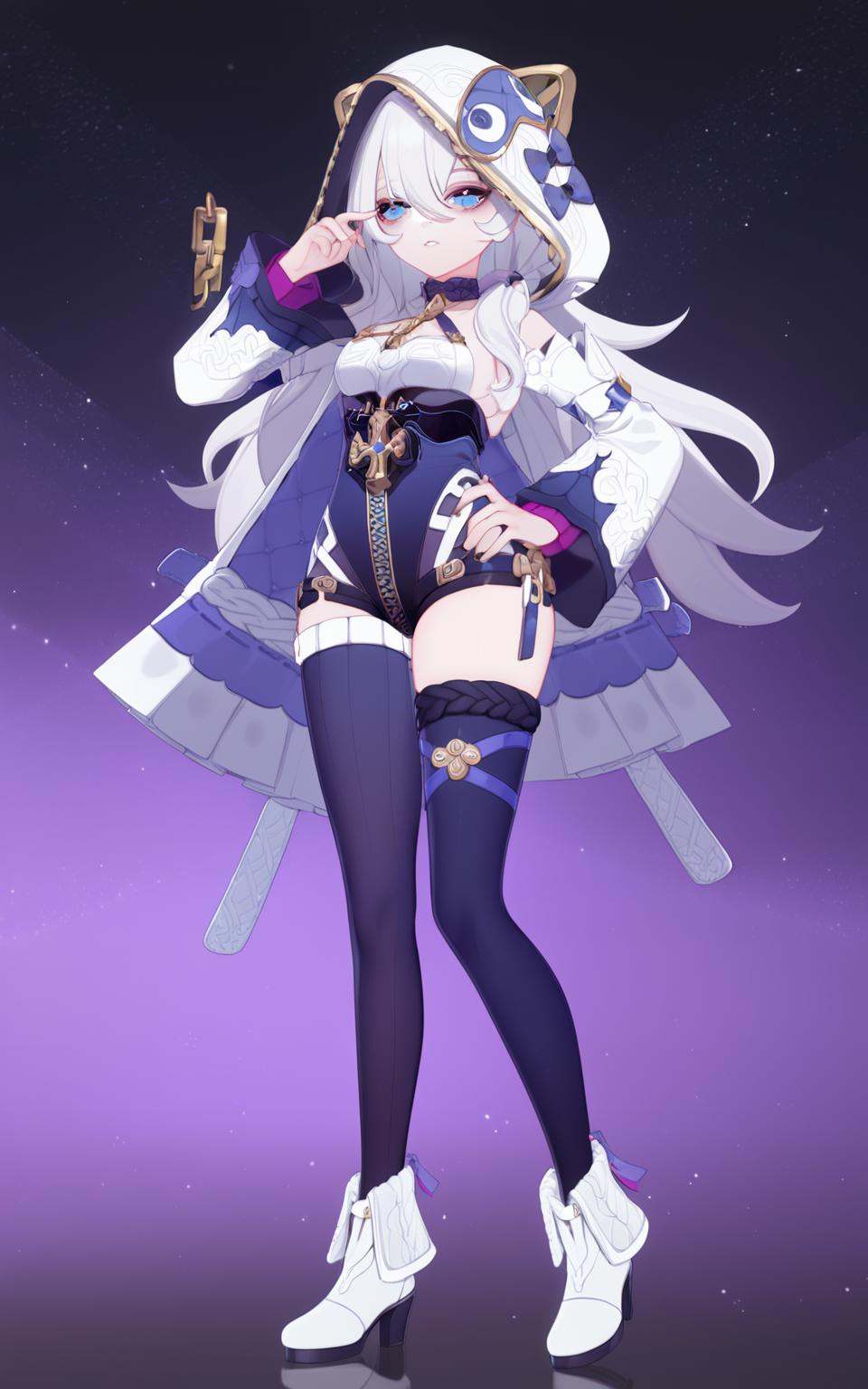 8k, best quality, masterpiece, (ultra-detailed), (high detailed skin), by nanoless, by misumi \(macaroni\), A full-body portrait of a young girl, standing gracefully, pastel art style, high-key lighting, shoujo manga influence, hd quality, delicate details, full body, full shot, standing, looking at viewer, (solo:1.2), simple background, white background, hand on own hip, <lora:dlstianming-atw-Tanger-000013:0.8>, hood, dlstianming, dlstianming default clothes, 1girl, thighhighs, blue eyes, white footwear, long hair, hood up, white hair, long sleeves, breasts, hair between eyes, bangs, 
