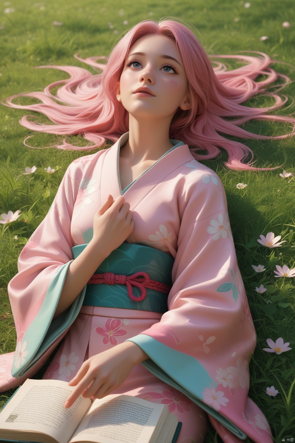 Prompt words: Pink - haired two - dimensional beauty, in an exquisite colorful kimono, lying on the grass with a book in her hand, looking up at the sky, with a peaceful and contented look, and her skin as smooth as jade.
Description: The pink - haired two - dimensional beauty, wearing a beautiful colorful kimono, lies on the soft grass. She holds a book in her hand and looks up at the sky, with a peaceful and contented expression on her face. Her skin is as smooth as jade, and her pink hair flutters gently in the breeze.,score_9 score_8_up score_7_up