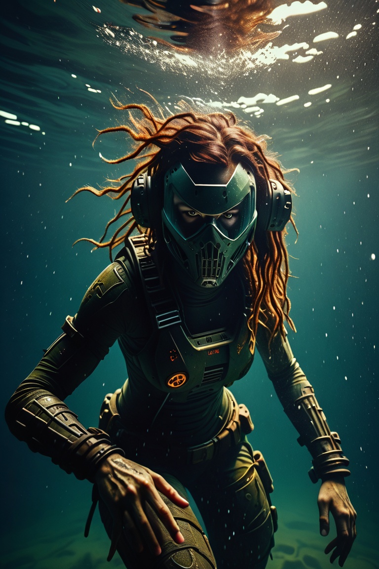 dark boho female doomguy,  plunges into the water. Underwater photo on Tensor.Art