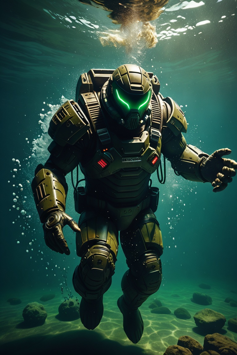 drkbh doomguy plunges into the water. Underwater photo on Tensor.Art