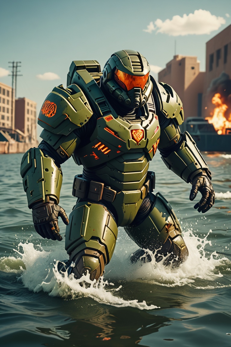 drkbh doomguy plunges into the water. on Tensor.Art