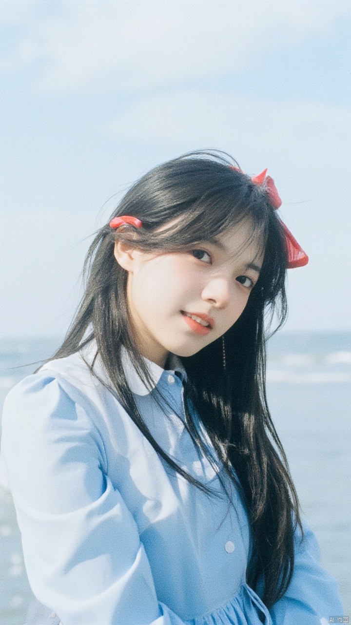 a young Asian woman stands with smile, her head tilted slightly to the left. She is wearing a blue dress, adorned with a red bow on her head, adding a pop of color to the scene. Her long black hair cascades over her shoulders, framing her face. The sky is a light blue, dotted with white clouds.