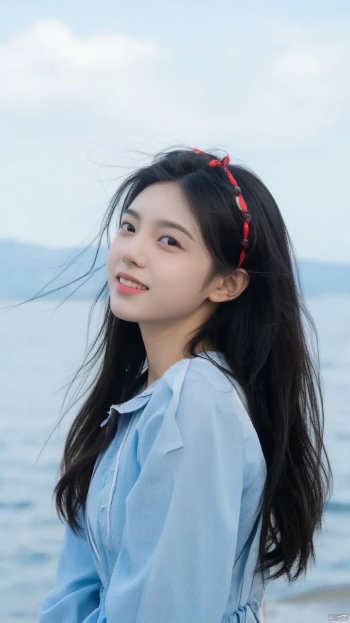a young Asian woman stands with smile, her head tilted slightly to the left. She is wearing a blue dress, adorned with a red bow on her head, adding a pop of color to the scene. Her long black hair cascades over her shoulders, framing her face. The sky is a light blue, dotted with white clouds.