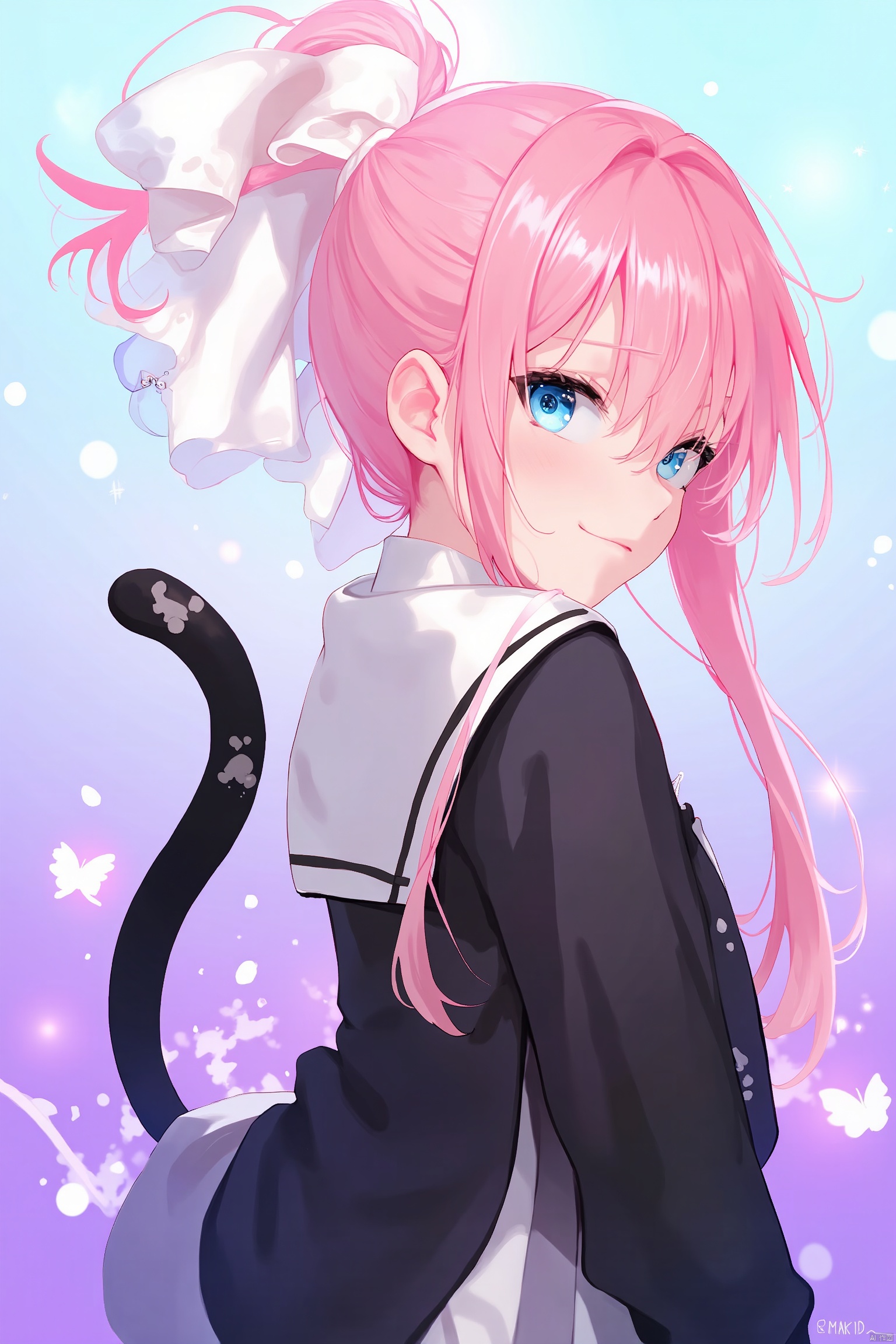 An anime girl with long pink hair and blue eyes. She is wearing a black jacket with a white collar and a white shirt underneath. Her hair is tied up in a ponytail. Her eyes are a piercing blue color. She has a black cat tail on her left side. The cat tail is black and has white spots on it. The background behind her is a light blue and purple color.
