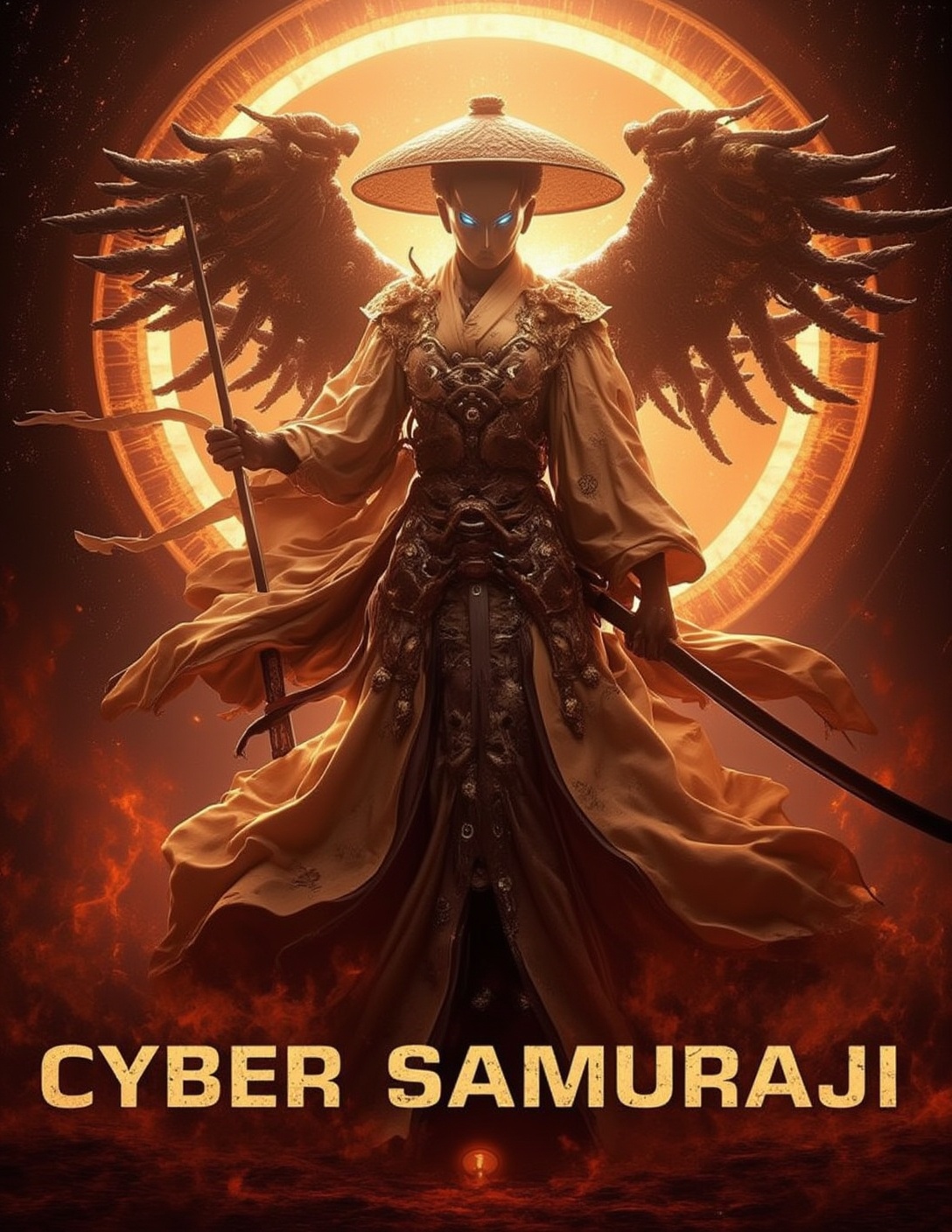 Poster with tittle "CYBER SAMURAJIi" in Bold letters featuring Vibrant,  cinematic kung fu scene,  majestic cyber samuraji...