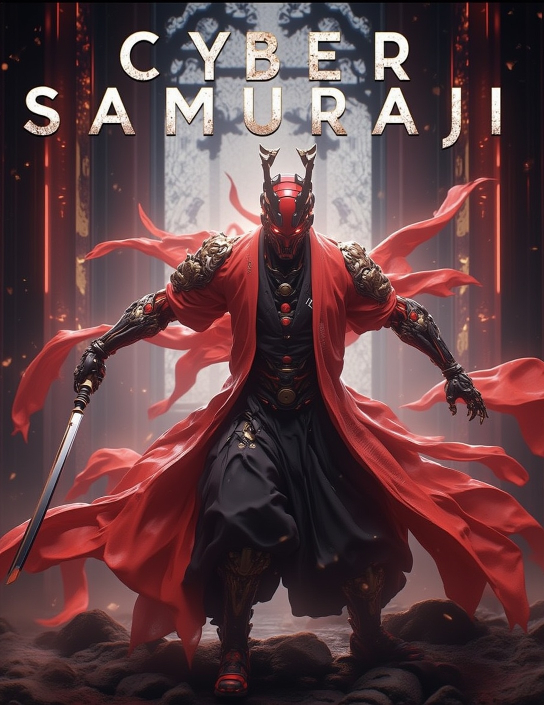 Poster with tittle "CYBER SAMURAJIi" in Bold letters on top featuring Vibrant,  cinematic kung fu scene,  majestic cyber s...