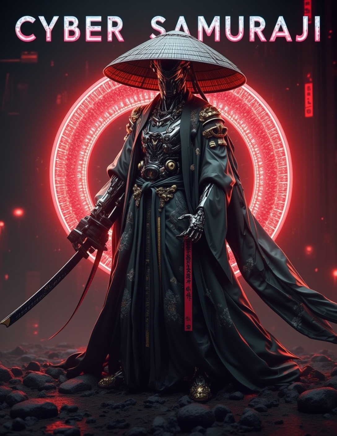 Poster with tittle "CYBER SAMURAJI" in Bold 3d letters on top featuring Vibrant,  cinematic kung fu scene,  majestic cyber...