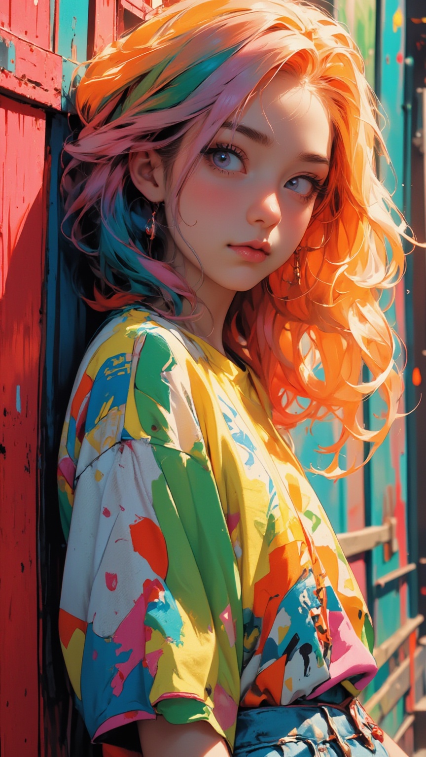 Colorful hair leaning against the wall,  vivid vivid colors,  multicolored clothing on Tensor.Art
