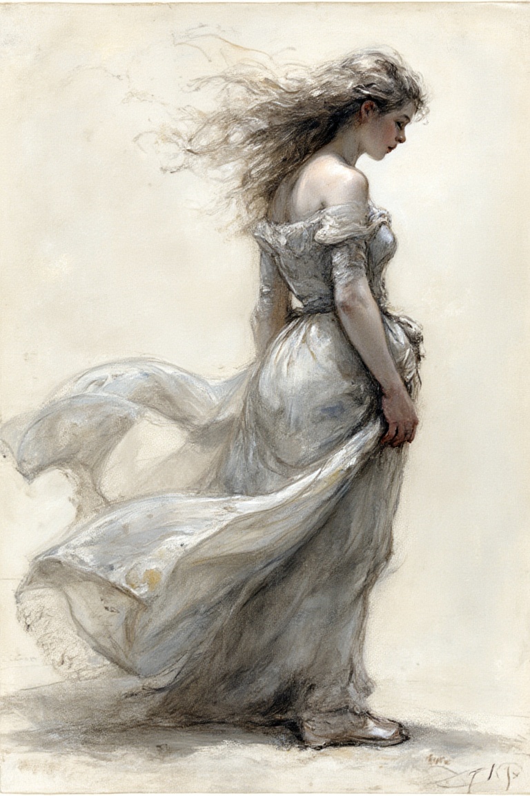 "Create a highly detailed fine art oil painting of a serene,  ethereal scene with a tall,  elegant woman in flowing fabric...