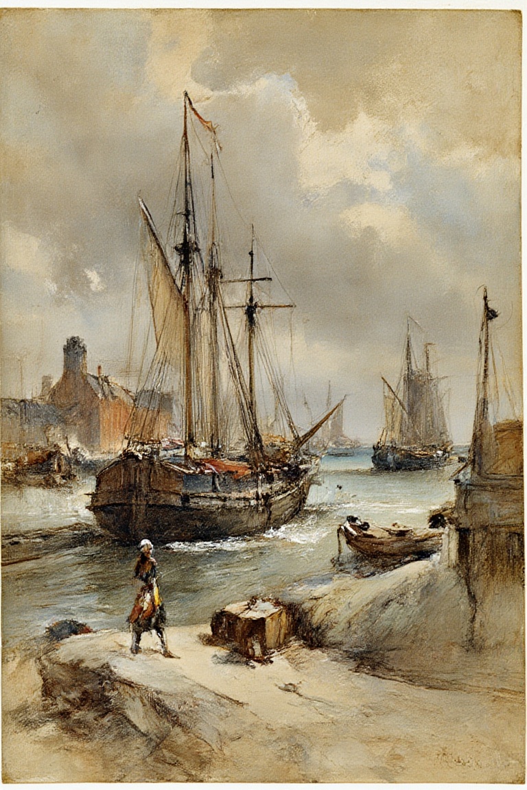 "Create a highly detailed fine art oil painting of a stormy harbor with a brigantine sailboat coming into the harbor. The...